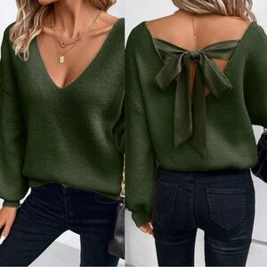 Jungle Green Lantern Sleeve V Neck Knot Back Sweater